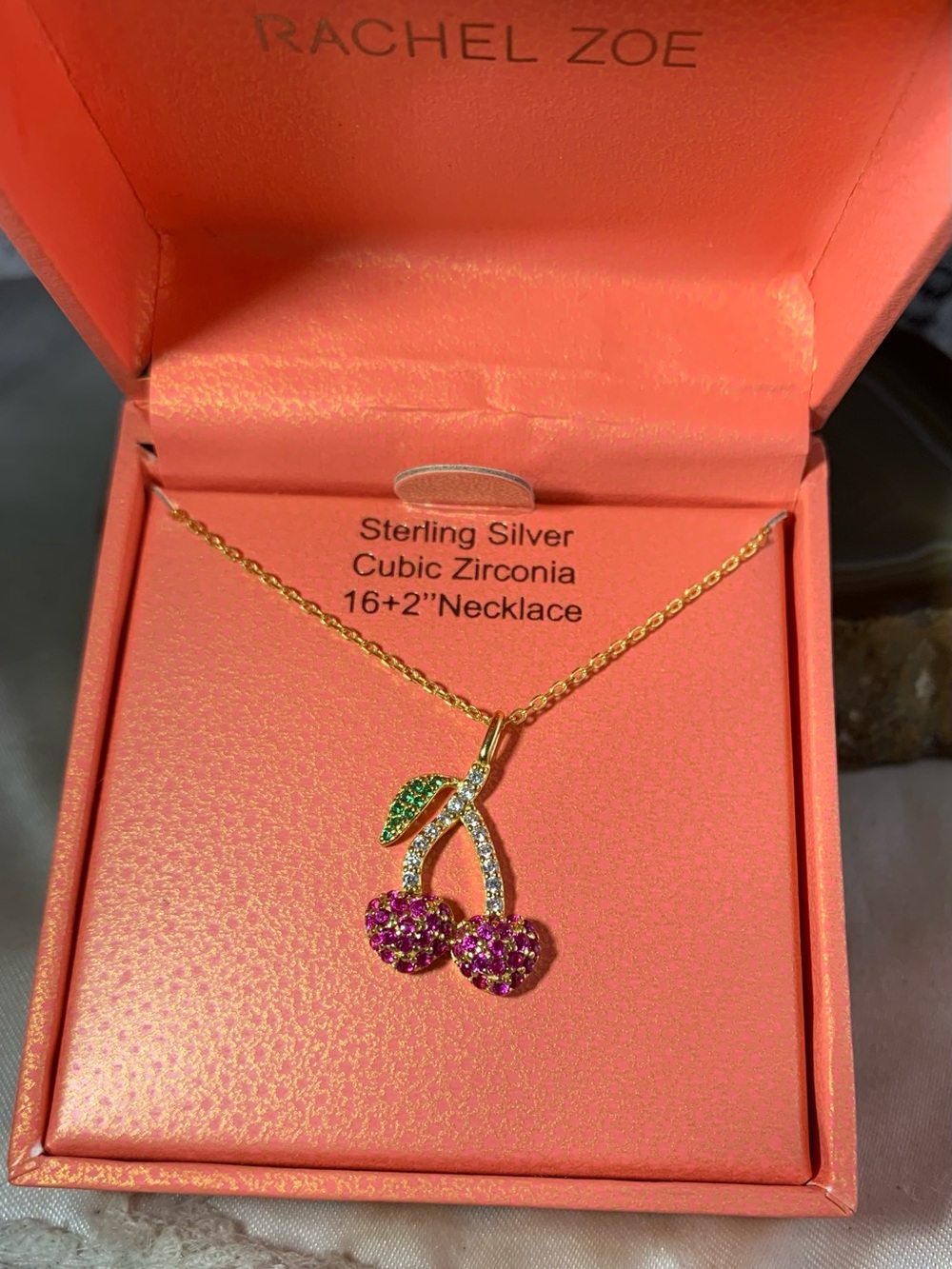 Rachel Zoe Sterling Silver Gold Over Cherry Necklace with Pink and Green CZ'S